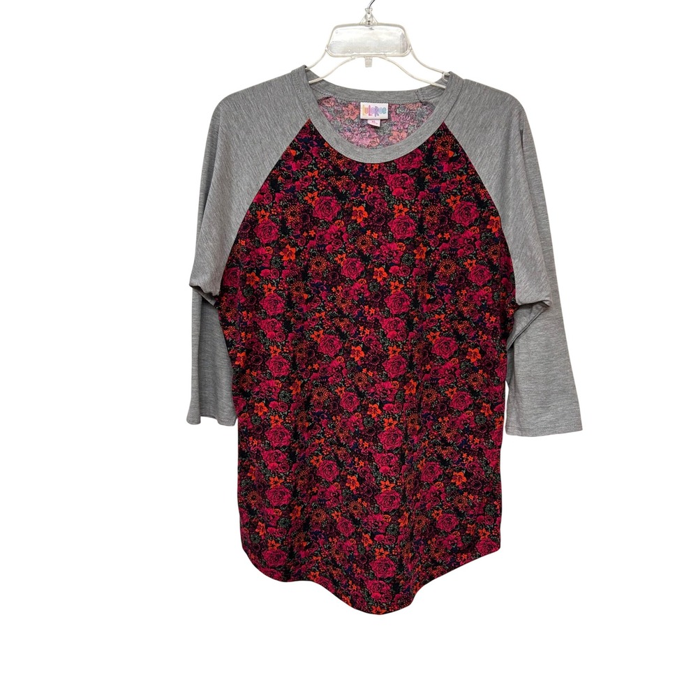 LuLaRoe Randy Raglan Tee XL Red Pink Floral Rose Grey 3/4 Sleeve Baseball Shirt